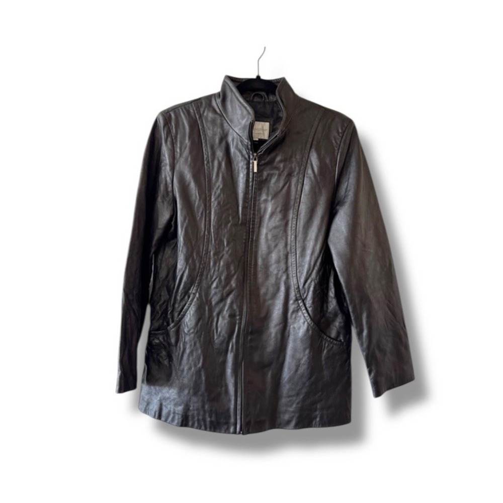 Worthington Genuine Lambskin Leather Jacket Women's M Petite Black Zip Front Y2K